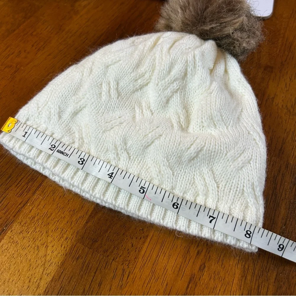 Cream Cable-Knit Pom Beanie | Fleece Lined | Youth One Size Fits Most